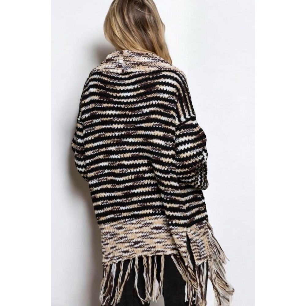 POL Beige Tan Cream Shawl Collar Cardigan with Fringe | Oversized Boho Knit - Picture 9 of 10